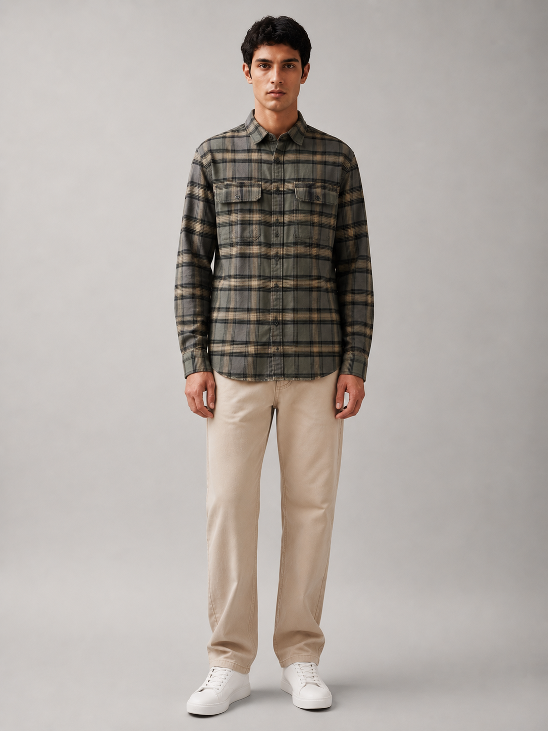 Men Vintage Green Plaid Shirt