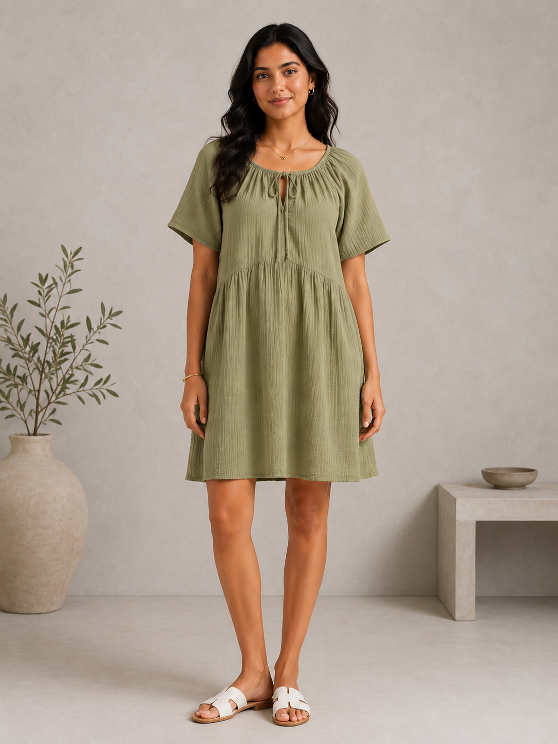 Women Olive Tie-Neck Relaxed Dress