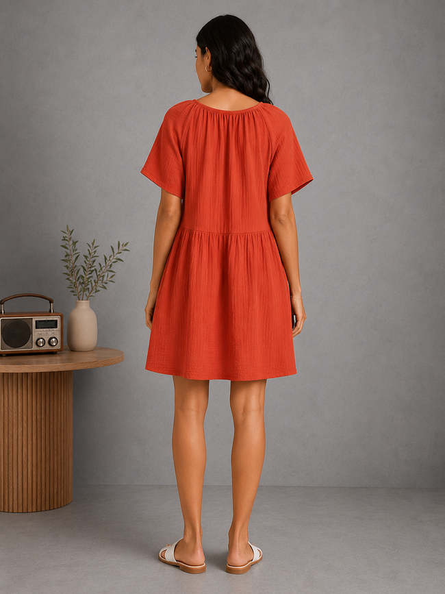 Women Orange Tie-Neck Relaxed Dress