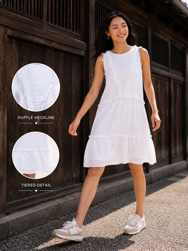 Women White Ruffle Tiered Mini Dress