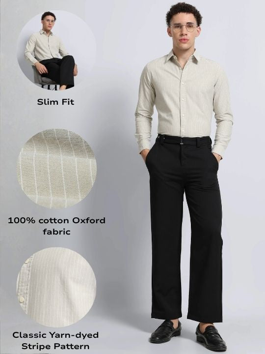 Men Beige Striped Cotton Shirt
