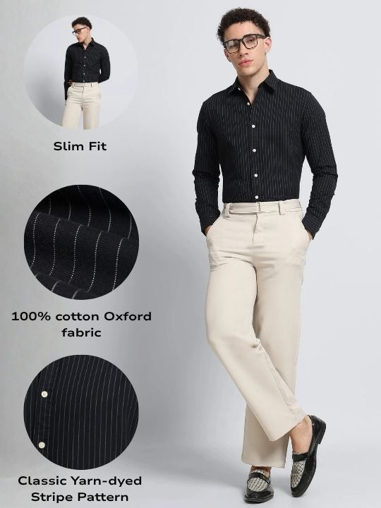 Men Black Striped Cotton Shirt