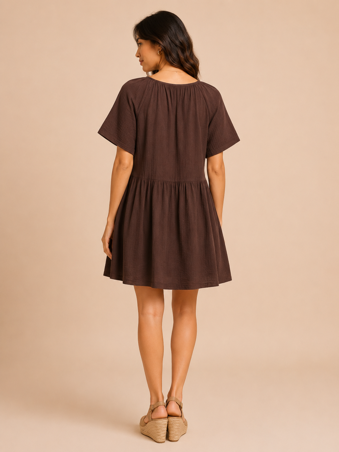Women Brown Tie-Neck Relaxed Dress