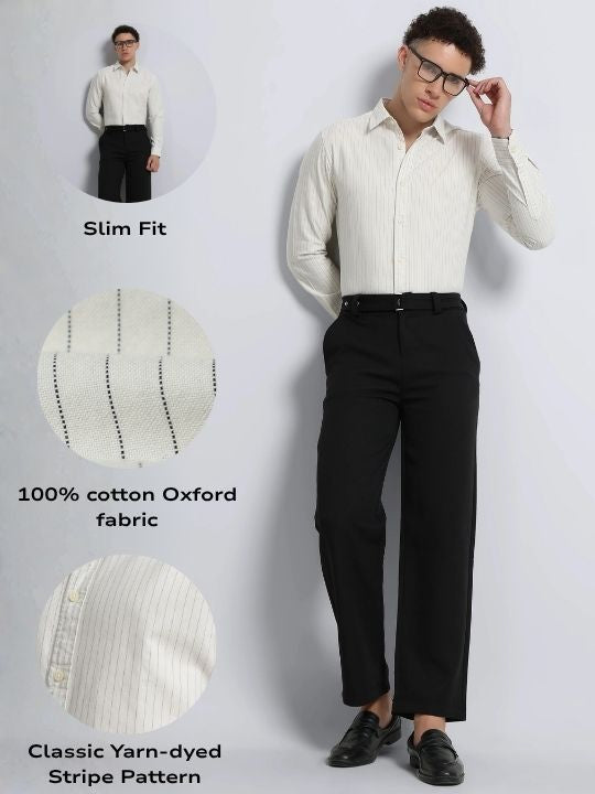 Men Cream Striped Cotton Shirt