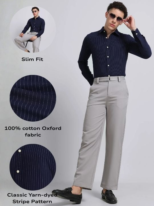 Men Navy Striped Cotton Shirt