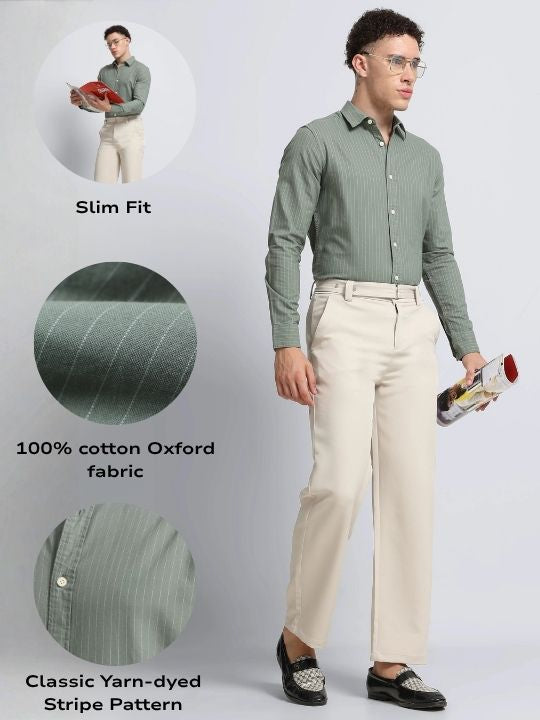 Men Green Striped Cotton Shirt