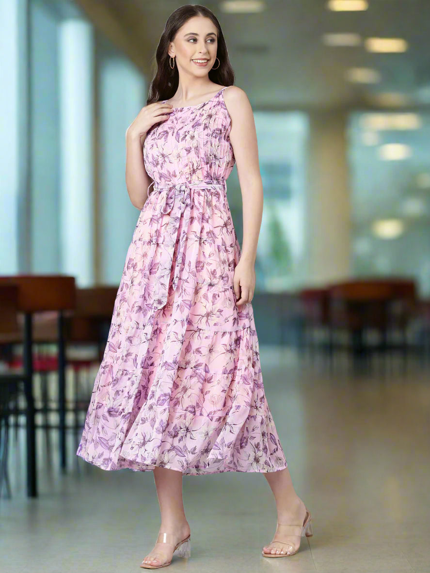 Women Mauve Floral Chiffon Dress