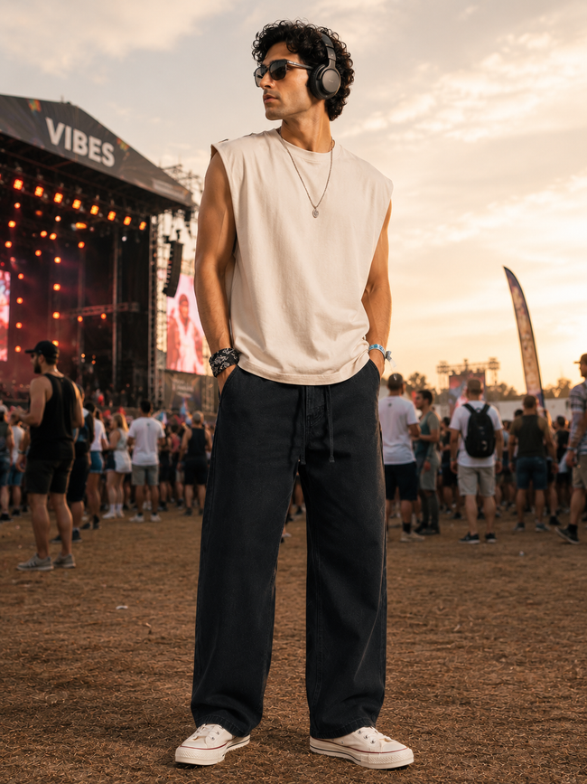 Men Black Wide Leg Baggy Jeans