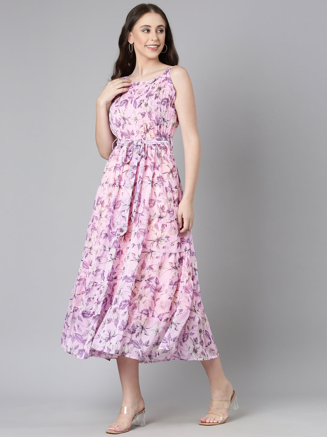 Women Mauve Floral Chiffon Dress