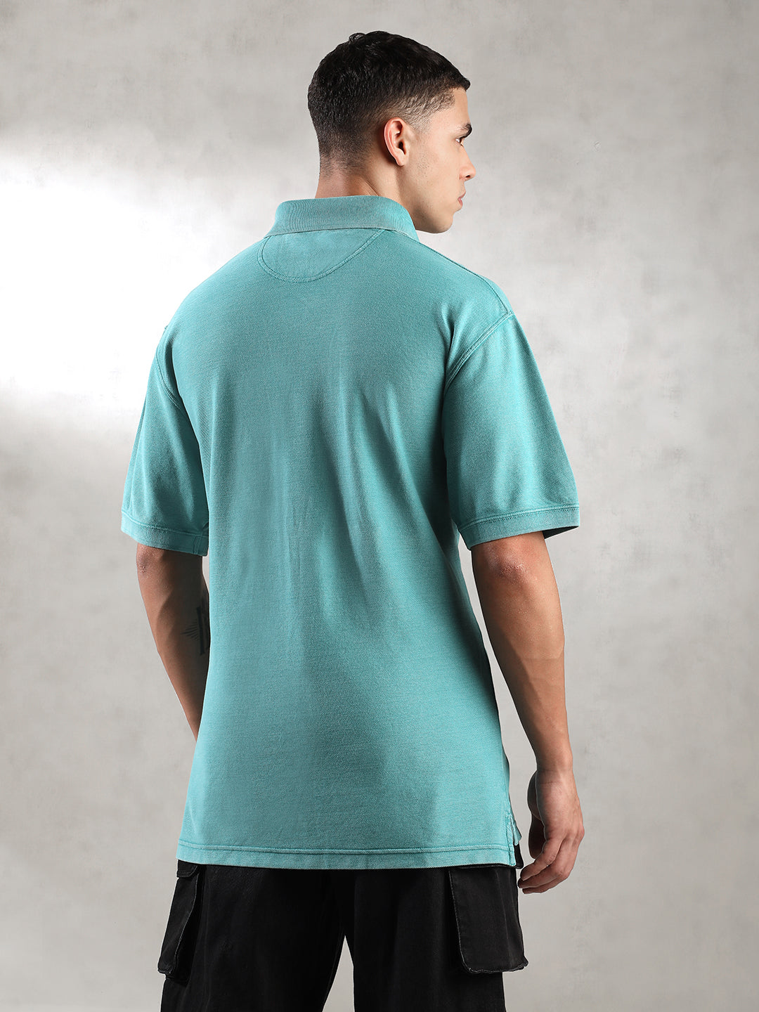 Men Teal Drop Shoulder Oversize Polo T-Shirt