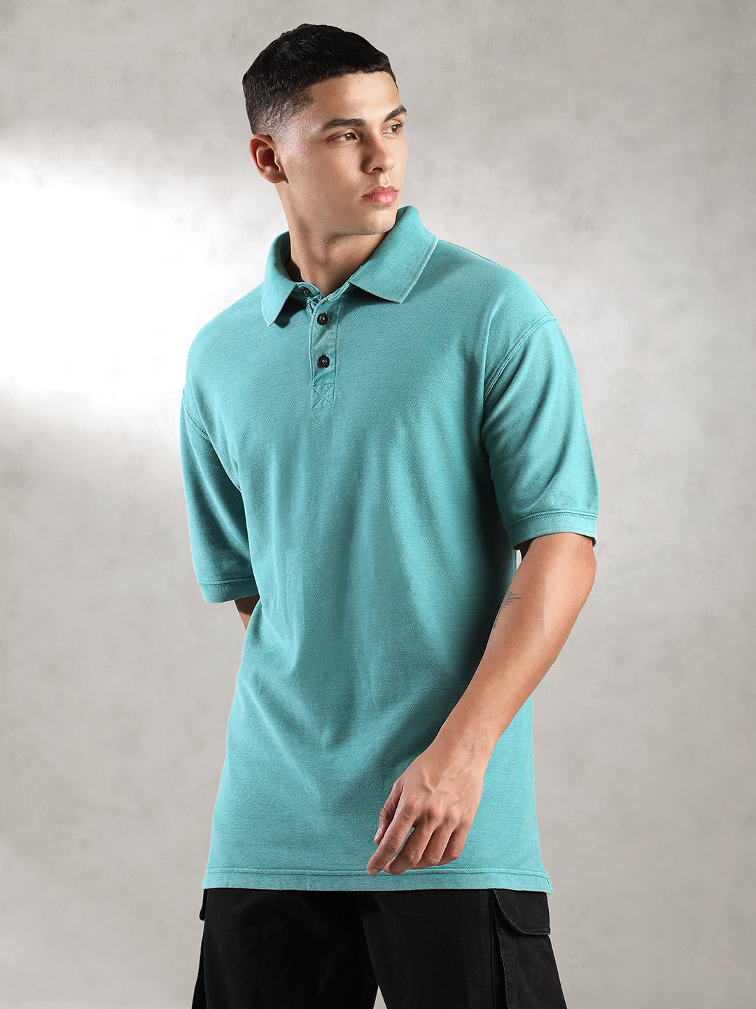 Men Teal Drop Shoulder Oversize Polo T-Shirt