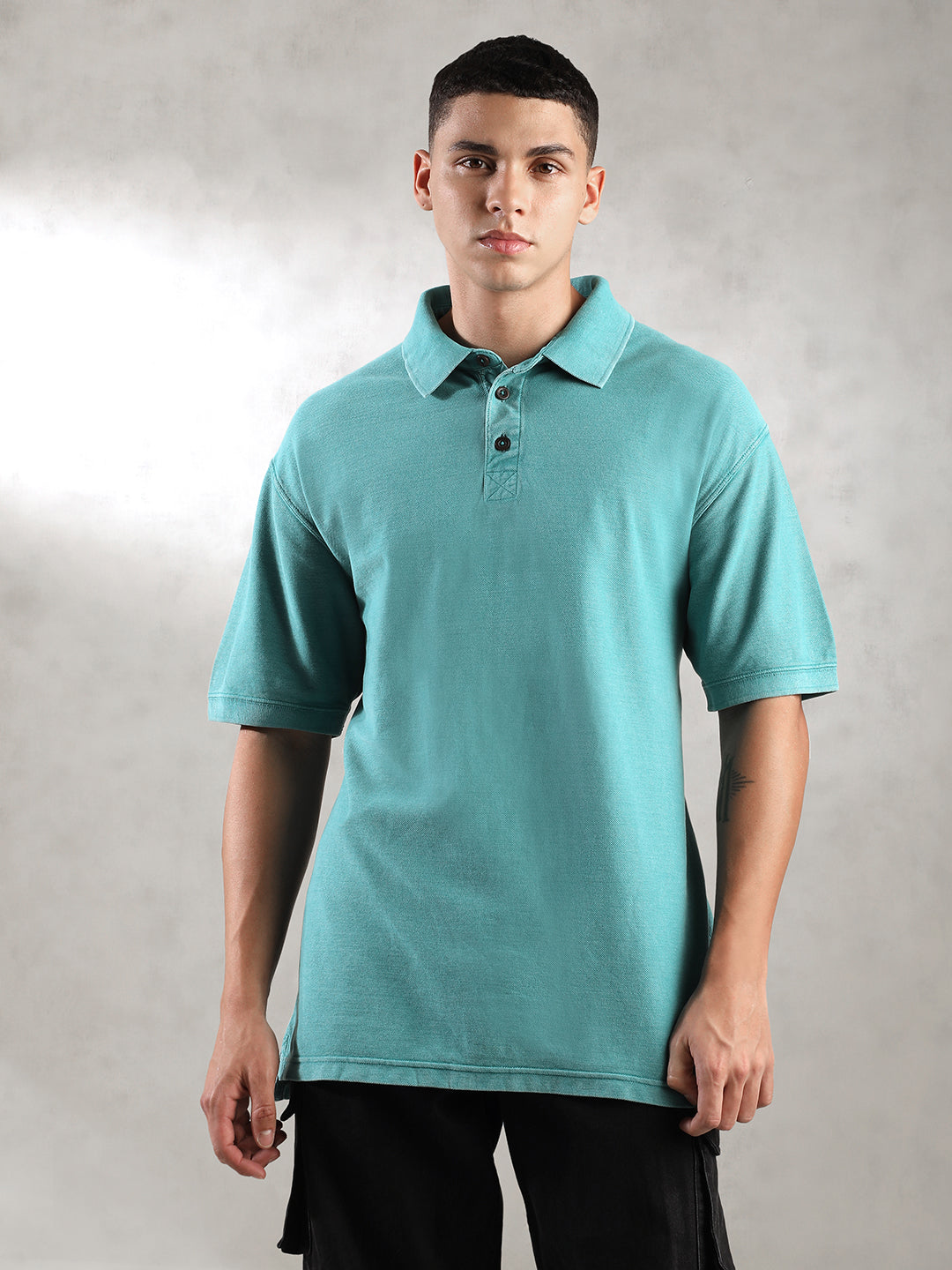 Men Teal Drop Shoulder Oversize Polo T-Shirt