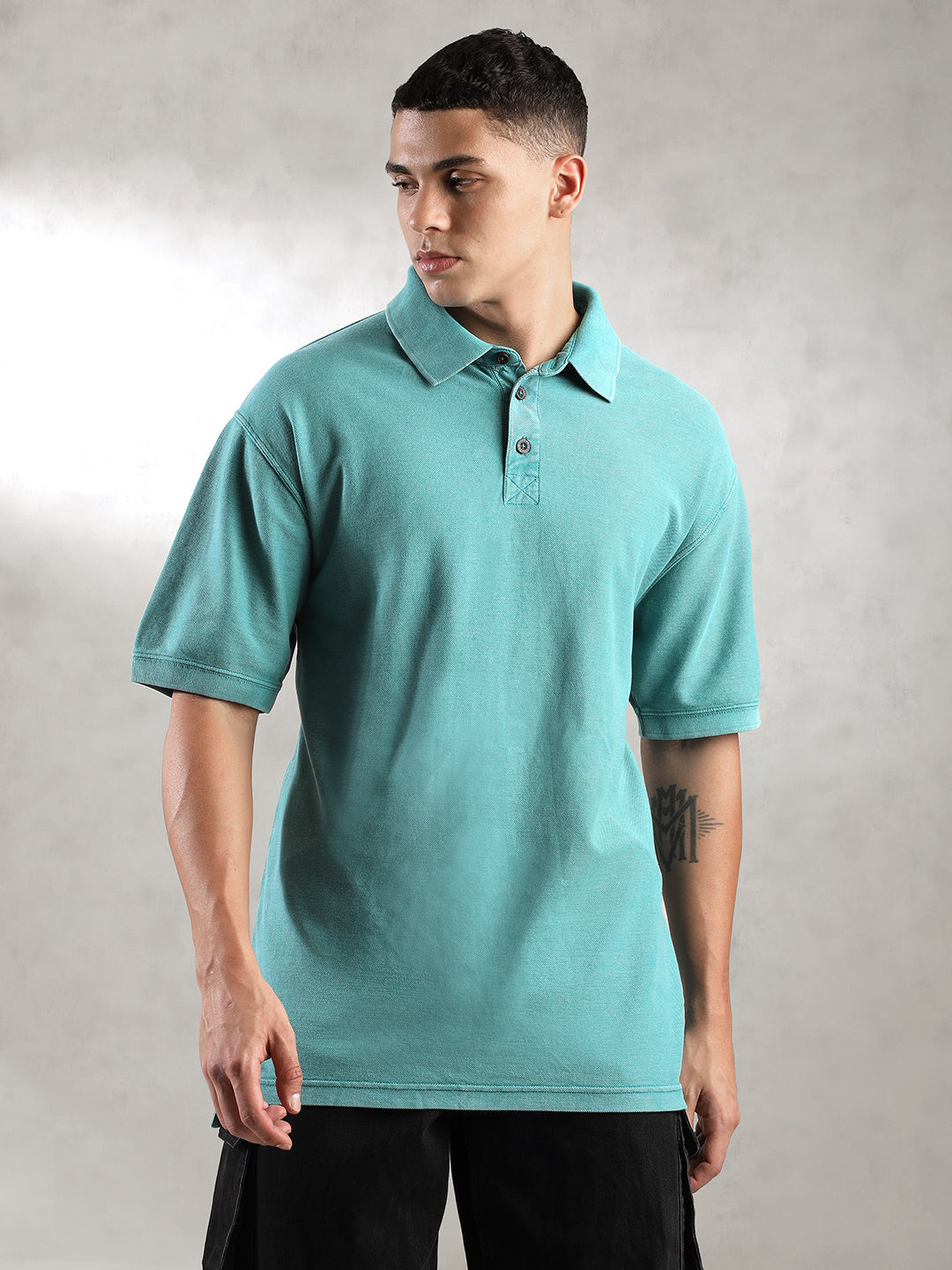 Men Teal Drop Shoulder Oversize Polo T-Shirt