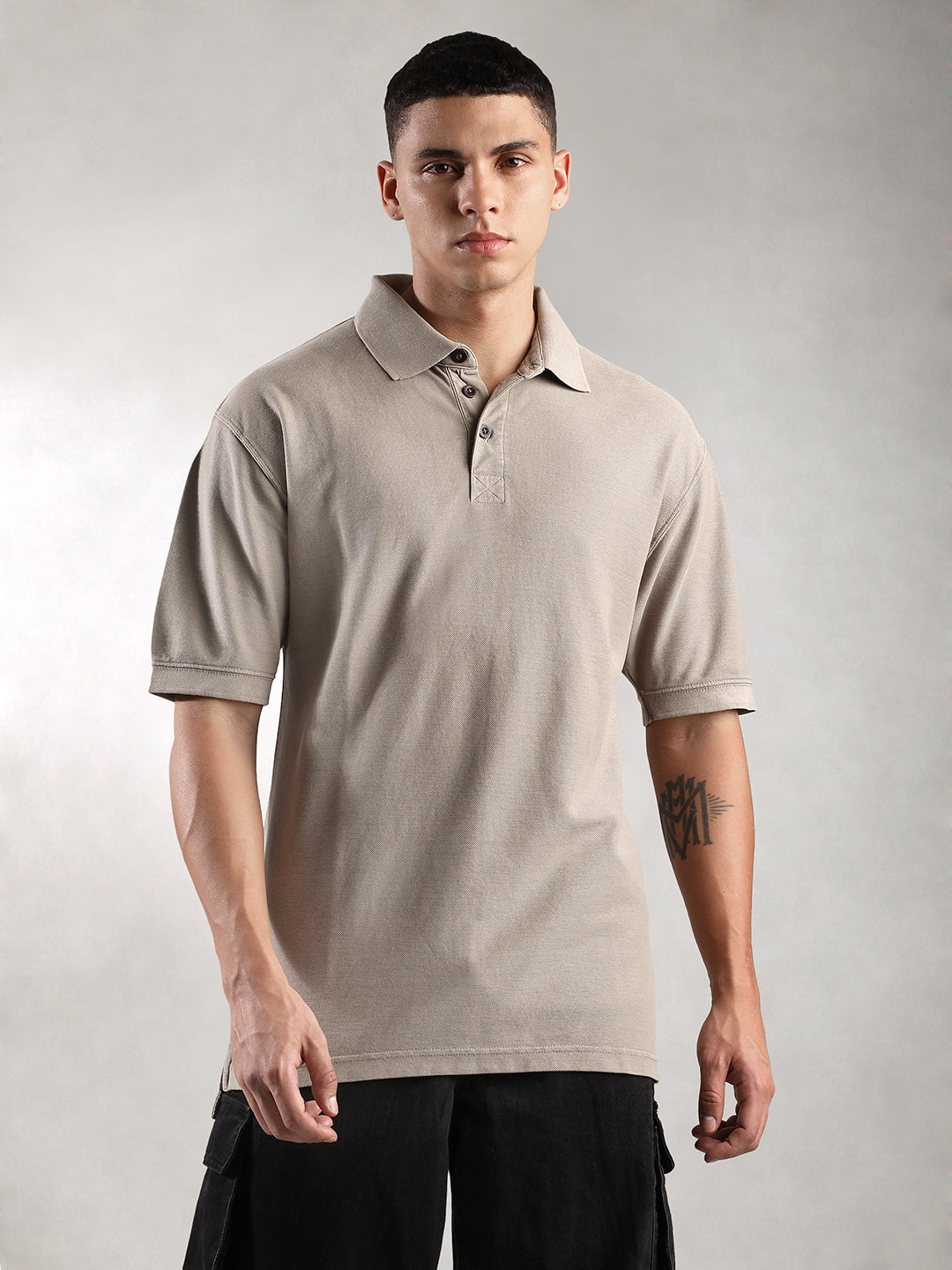 Men Khaki Drop Shoulder Oversize Polo T-Shirt