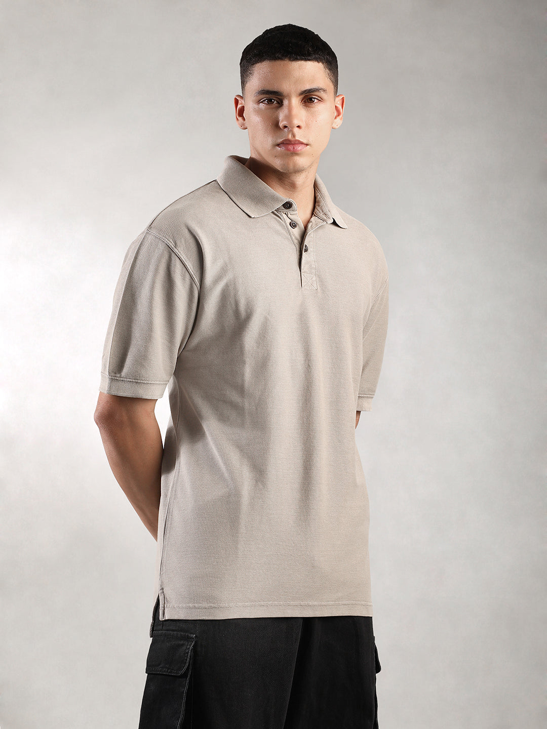 Men Khaki Drop Shoulder Oversize Polo T-Shirt