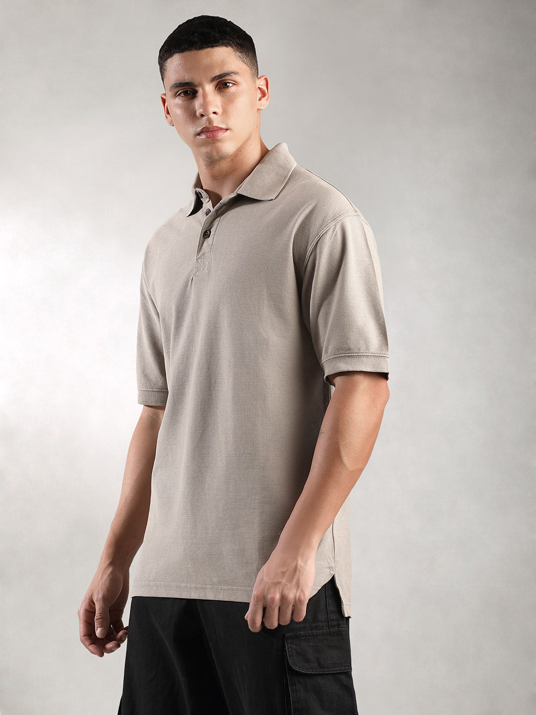 Men Khaki Drop Shoulder Oversize Polo T-Shirt