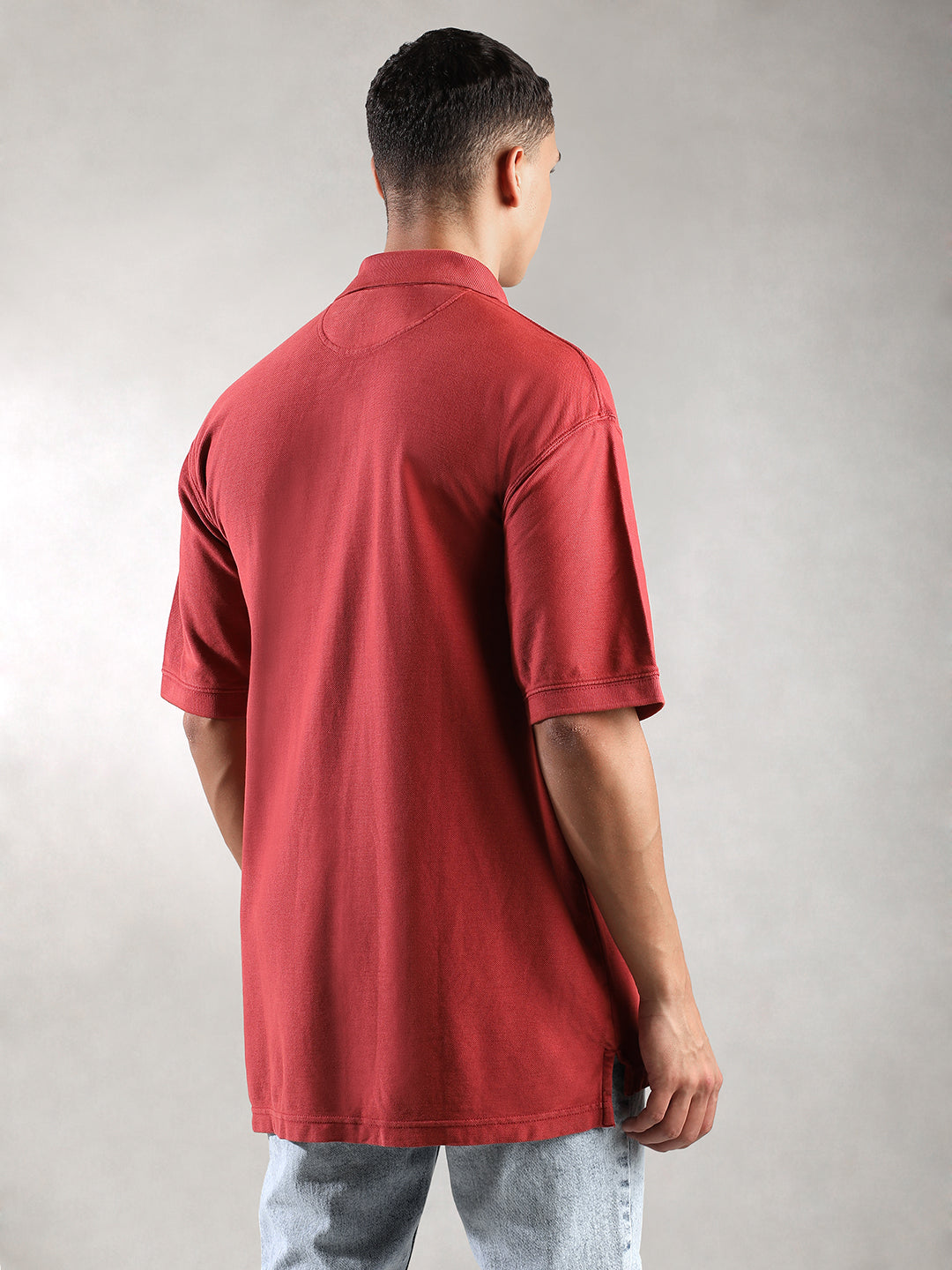 Men Bright Red Drop Shoulder Oversize Polo T-Shirt