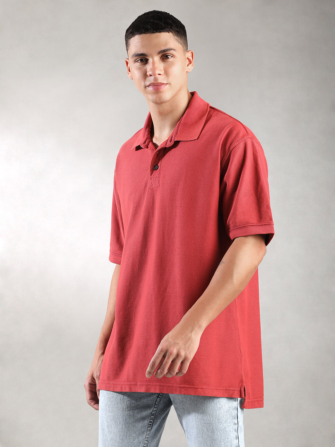 Men Bright Red Drop Shoulder Oversize Polo T-Shirt