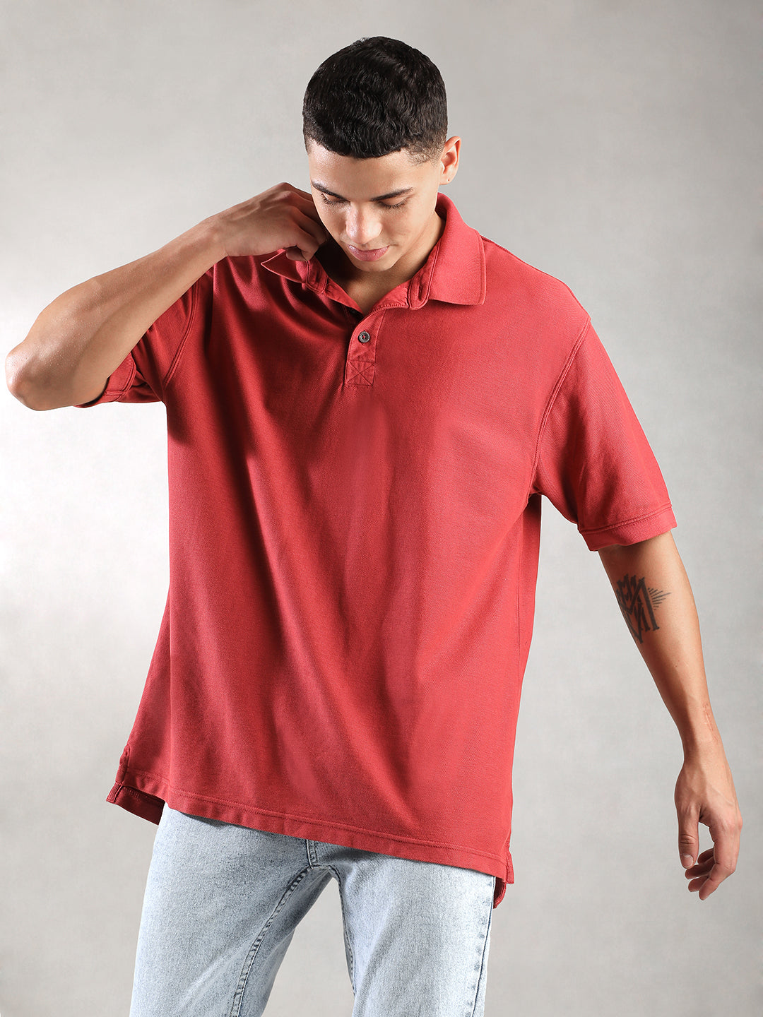 Men Bright Red Drop Shoulder Oversize Polo T-Shirt