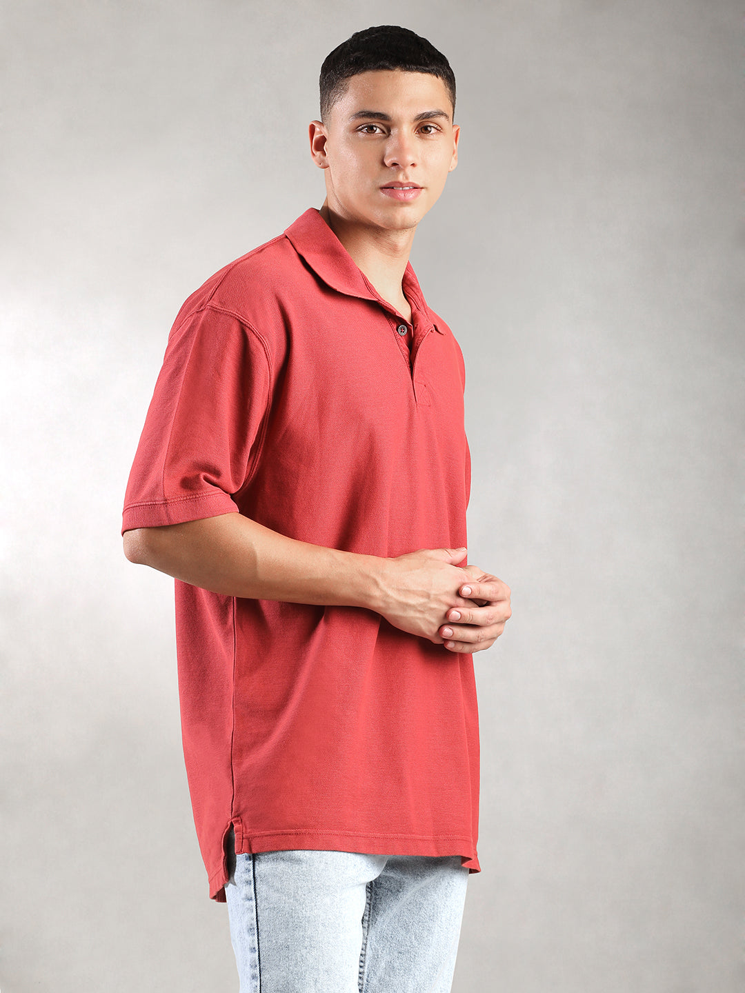 Men Bright Red Drop Shoulder Oversize Polo T-Shirt