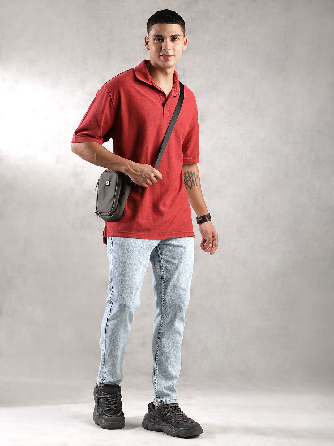 Men Bright Red Drop Shoulder Oversize Polo T-Shirt