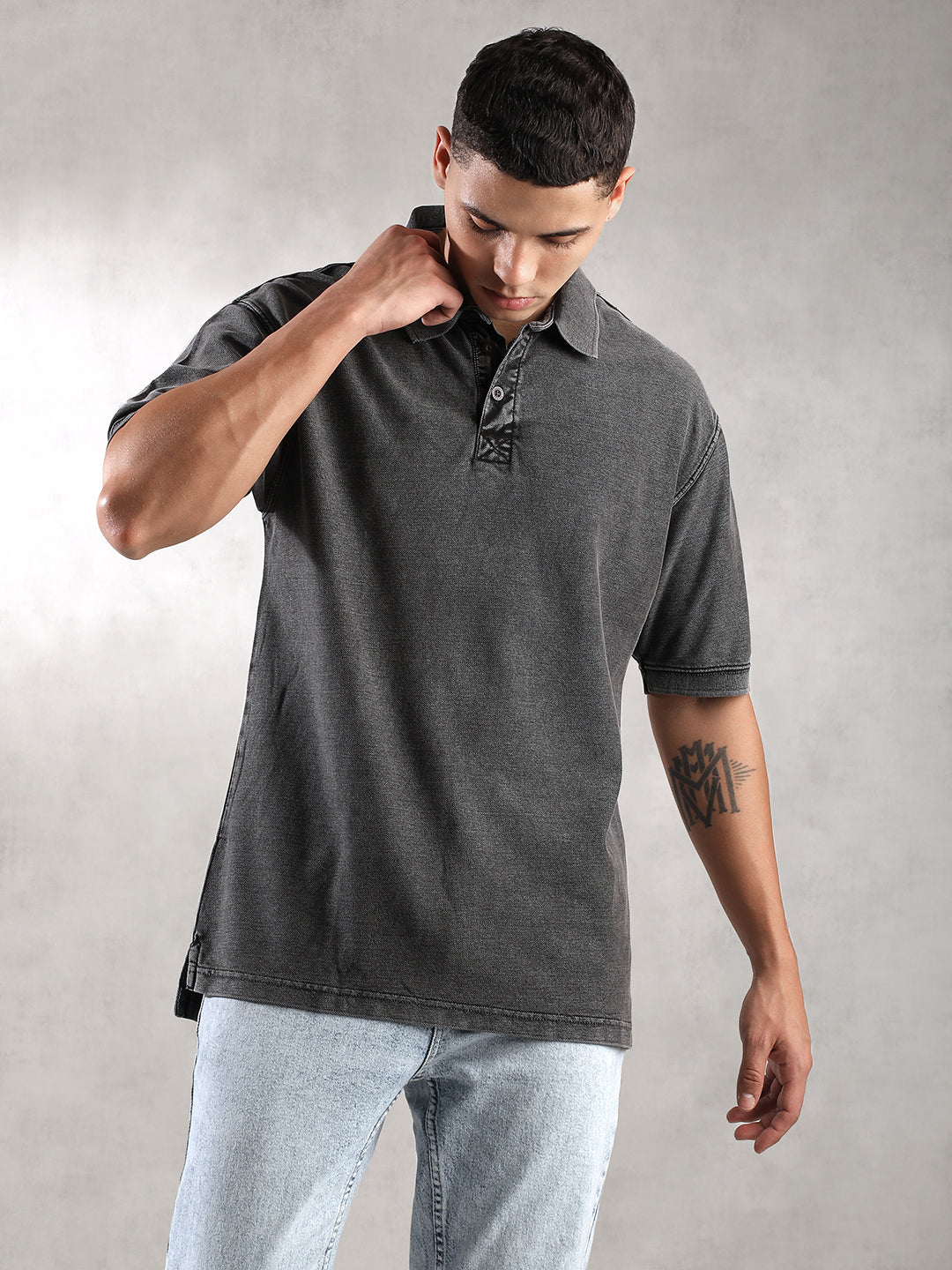 Men Charcoal Drop Shoulder Oversize Polo T-Shirt