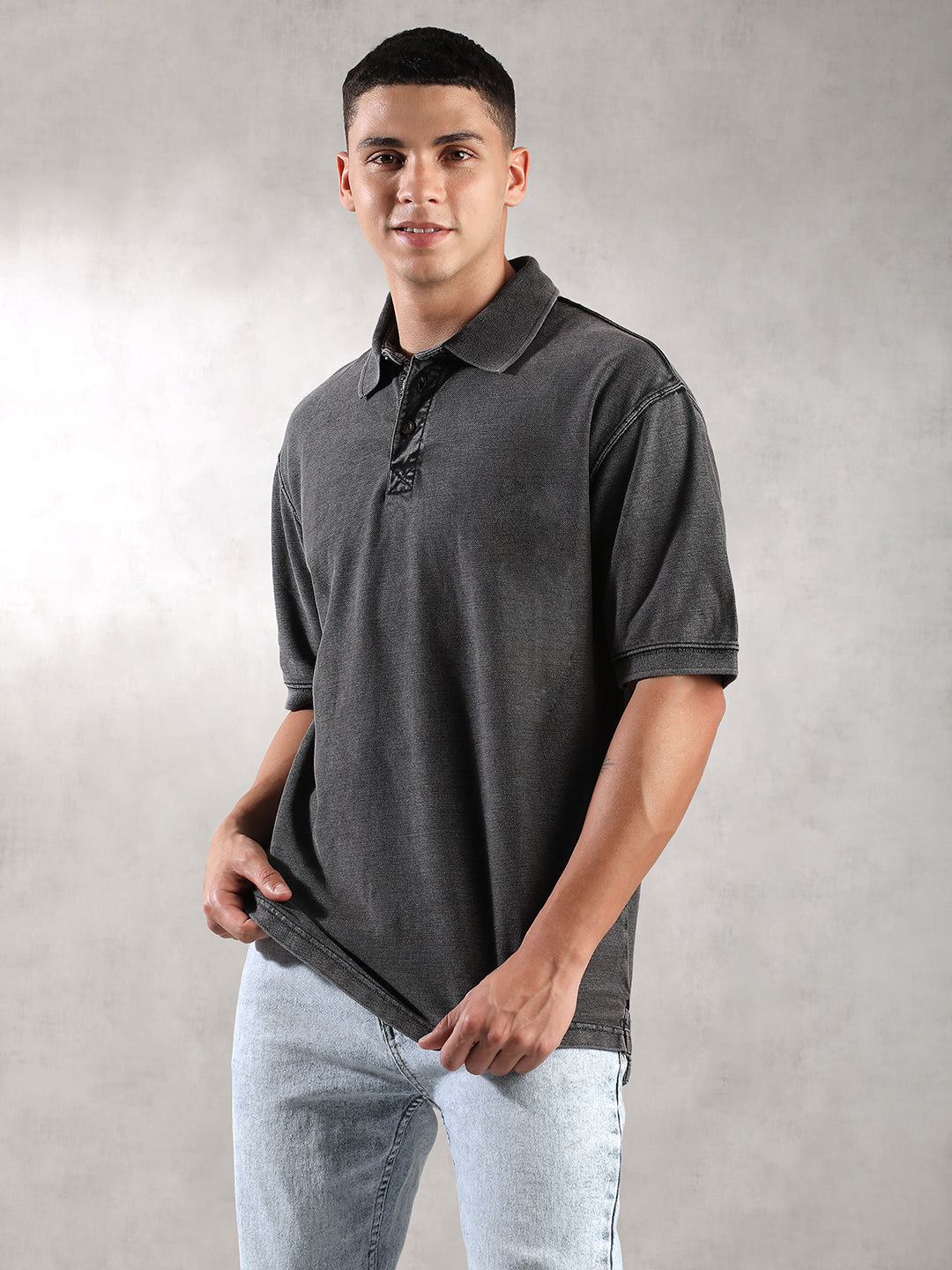 Men Charcoal Drop Shoulder Oversize Polo T-Shirt