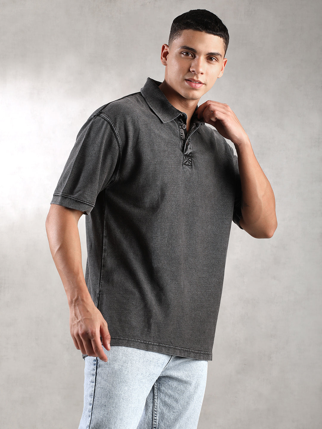 Men Charcoal Drop Shoulder Oversize Polo T-Shirt