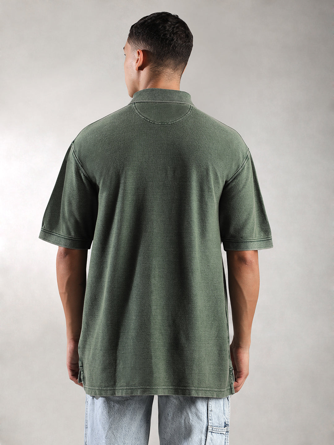 Men Green Drop Shoulder Oversize Polo T-Shirt