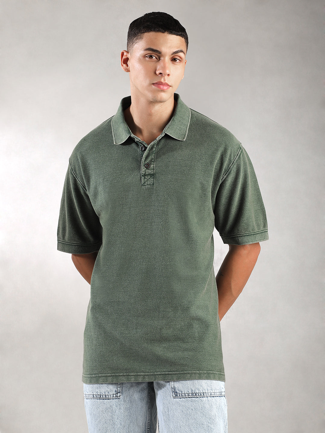 Men Green Drop Shoulder Oversize Polo T-Shirt