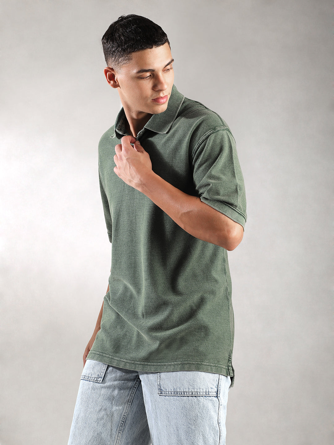 Men Green Drop Shoulder Oversize Polo T-Shirt