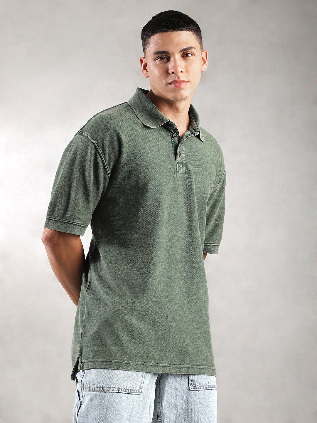 Men Green Drop Shoulder Oversize Polo T-Shirt