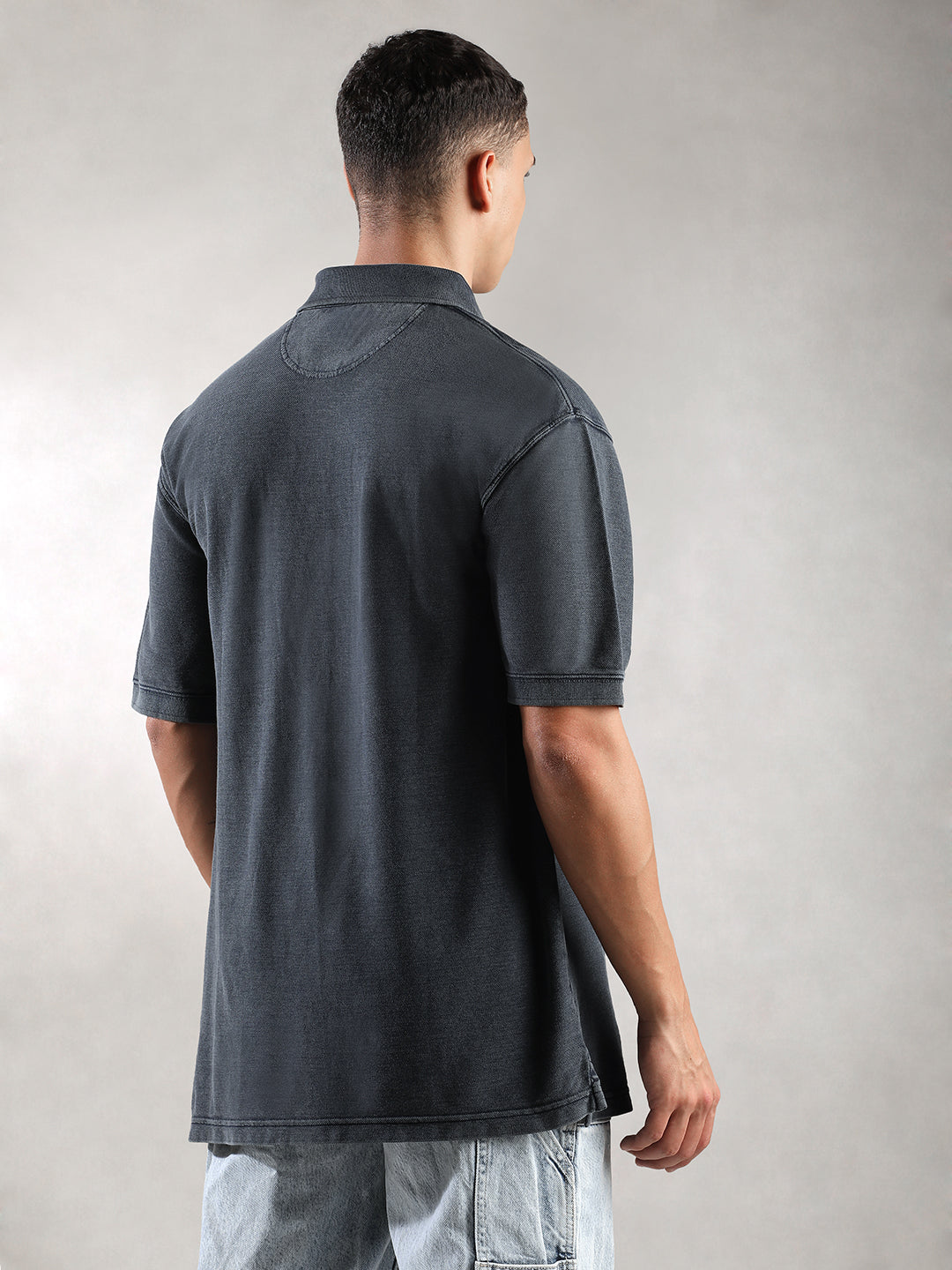 Men Navy Drop Shoulder Oversize Polo T-Shirt