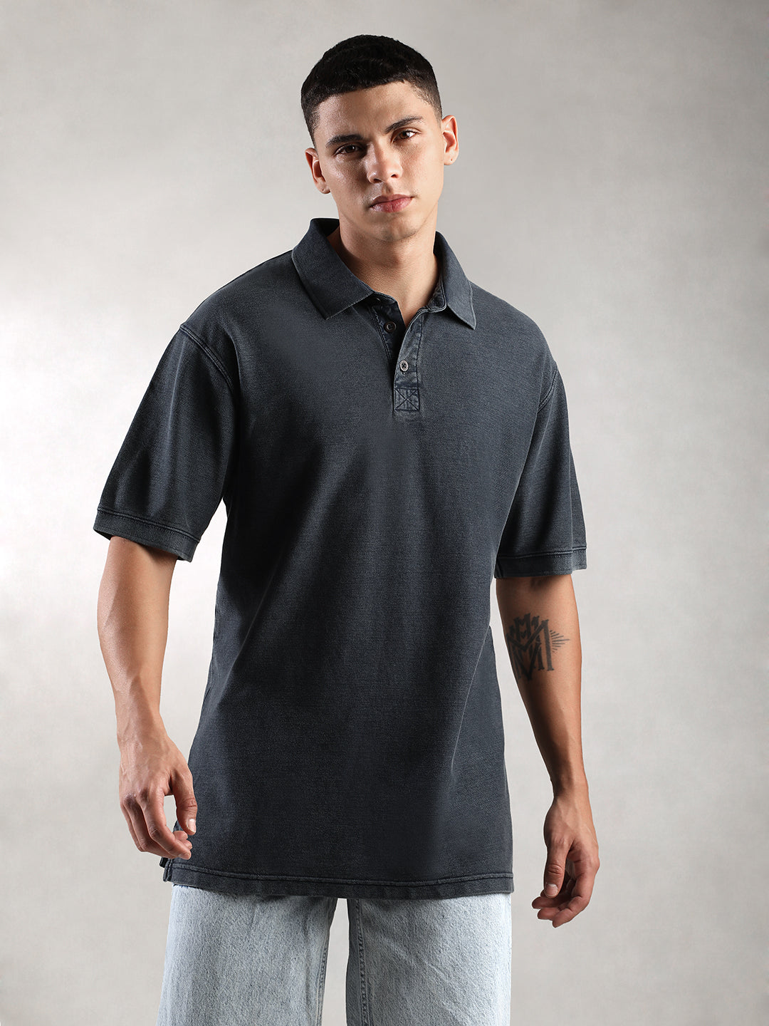 Men Navy Drop Shoulder Oversize Polo T-Shirt