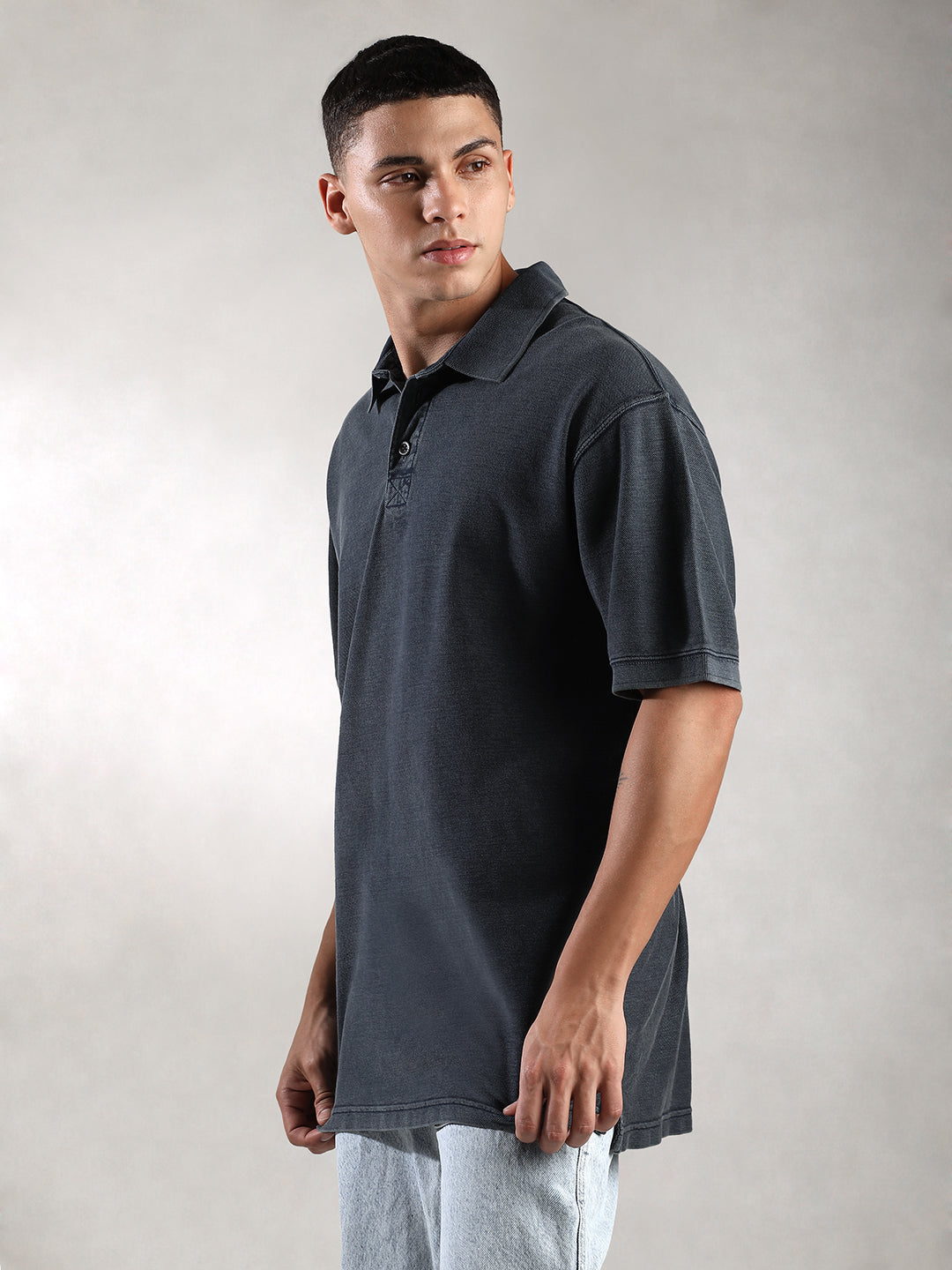 Men Navy Drop Shoulder Oversize Polo T-Shirt