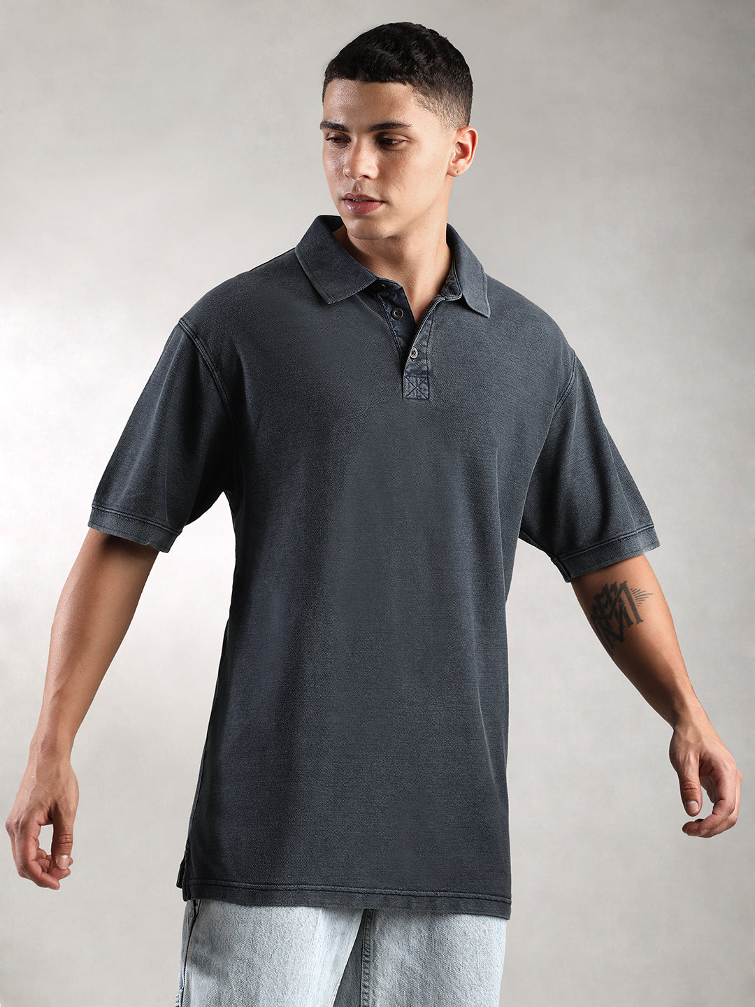 Men Navy Drop Shoulder Oversize Polo T-Shirt