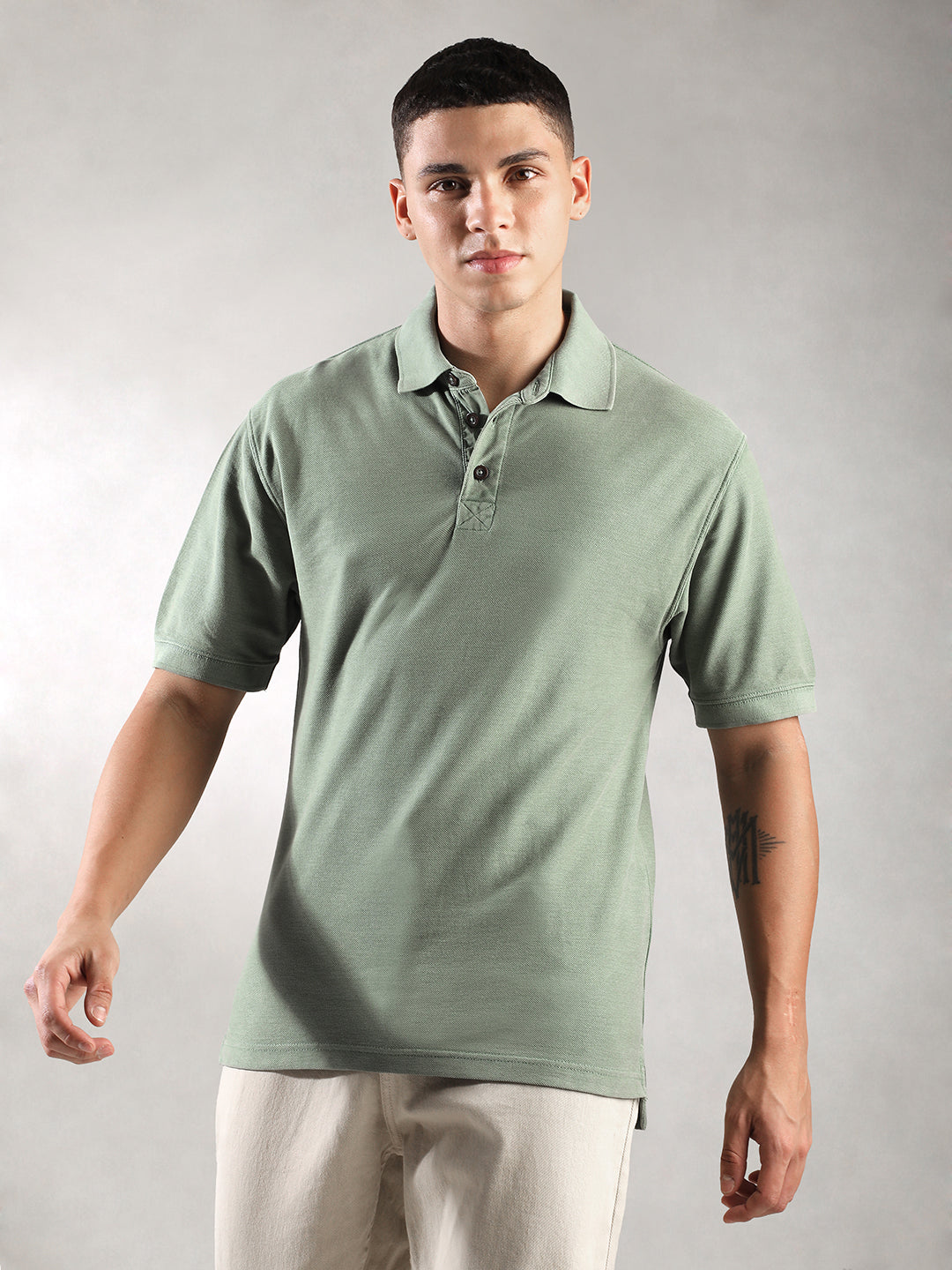 Men Sage Drop Shoulder Oversize Polo T-Shirt