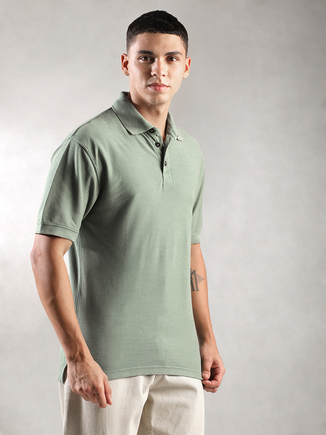 Men Sage Drop Shoulder Oversize Polo T-Shirt