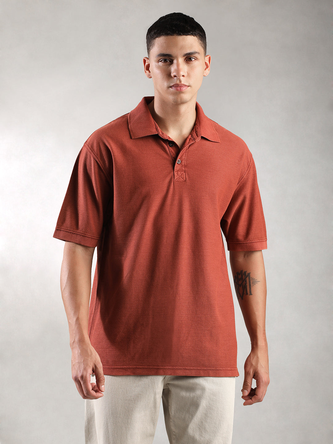 Men Rusty Orange Drop Shoulder Oversize Polo T-Shirt