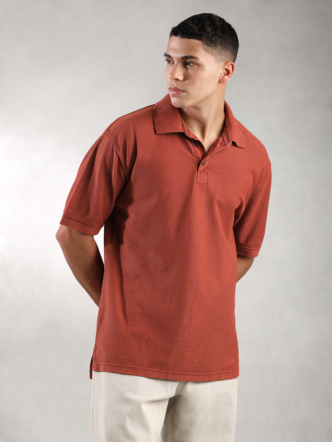 Men Rusty Orange Drop Shoulder Oversize Polo T-Shirt