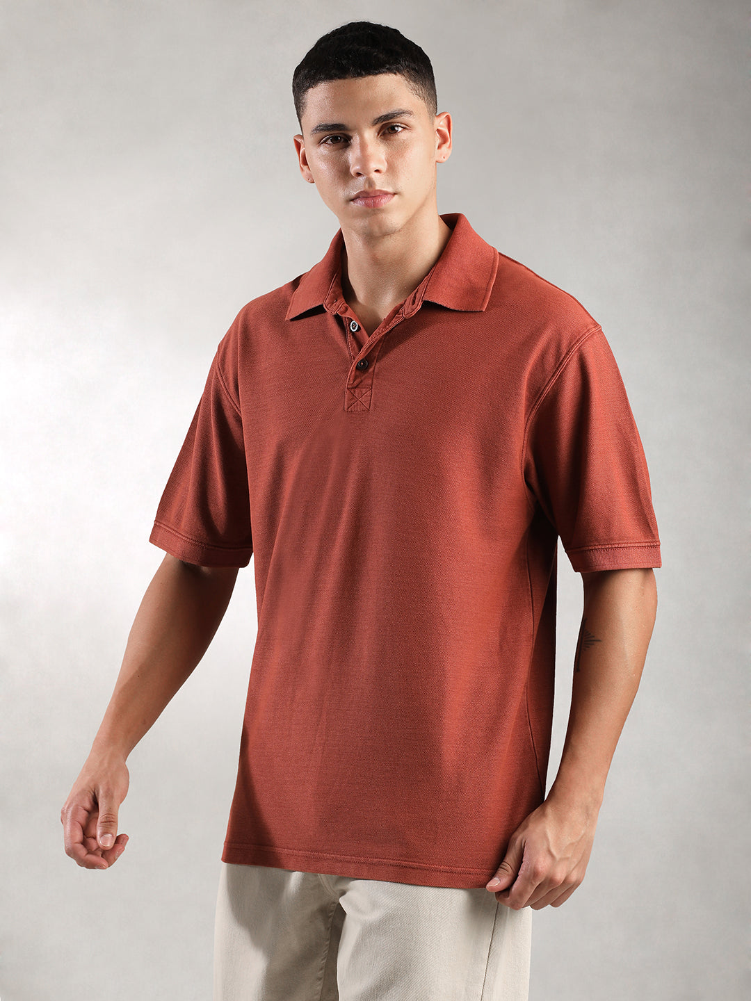 Men Rusty Orange Drop Shoulder Oversize Polo T-Shirt