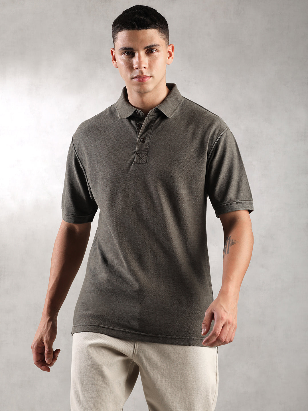 Men Stone Brown Drop Shoulder Oversize Polo T-Shirt