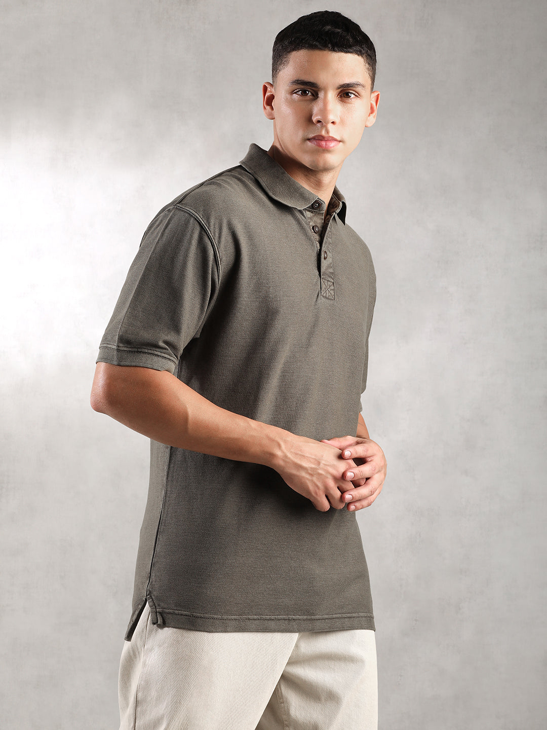 Men Stone Brown Drop Shoulder Oversize Polo T-Shirt