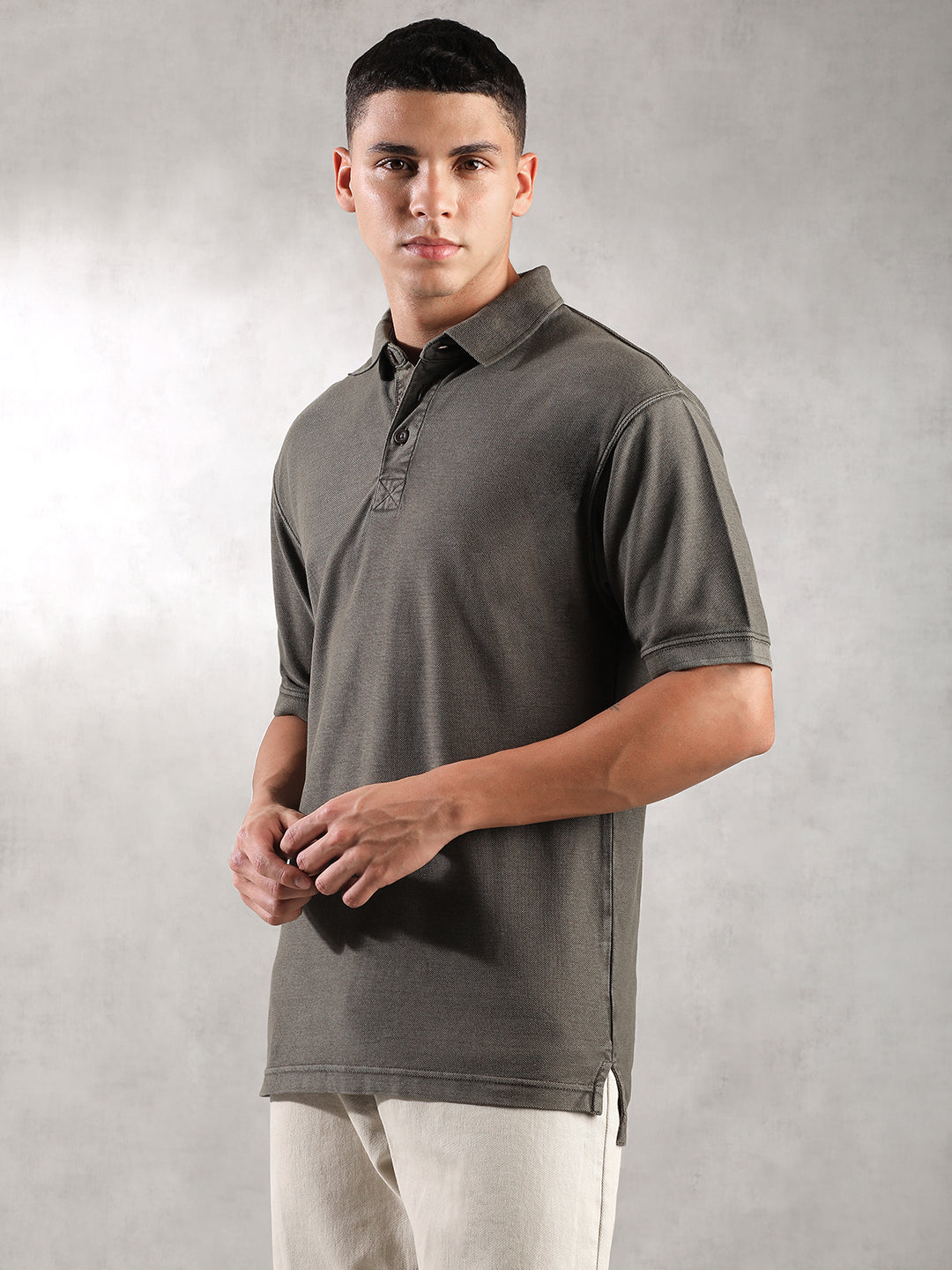 Men Stone Brown Drop Shoulder Oversize Polo T-Shirt