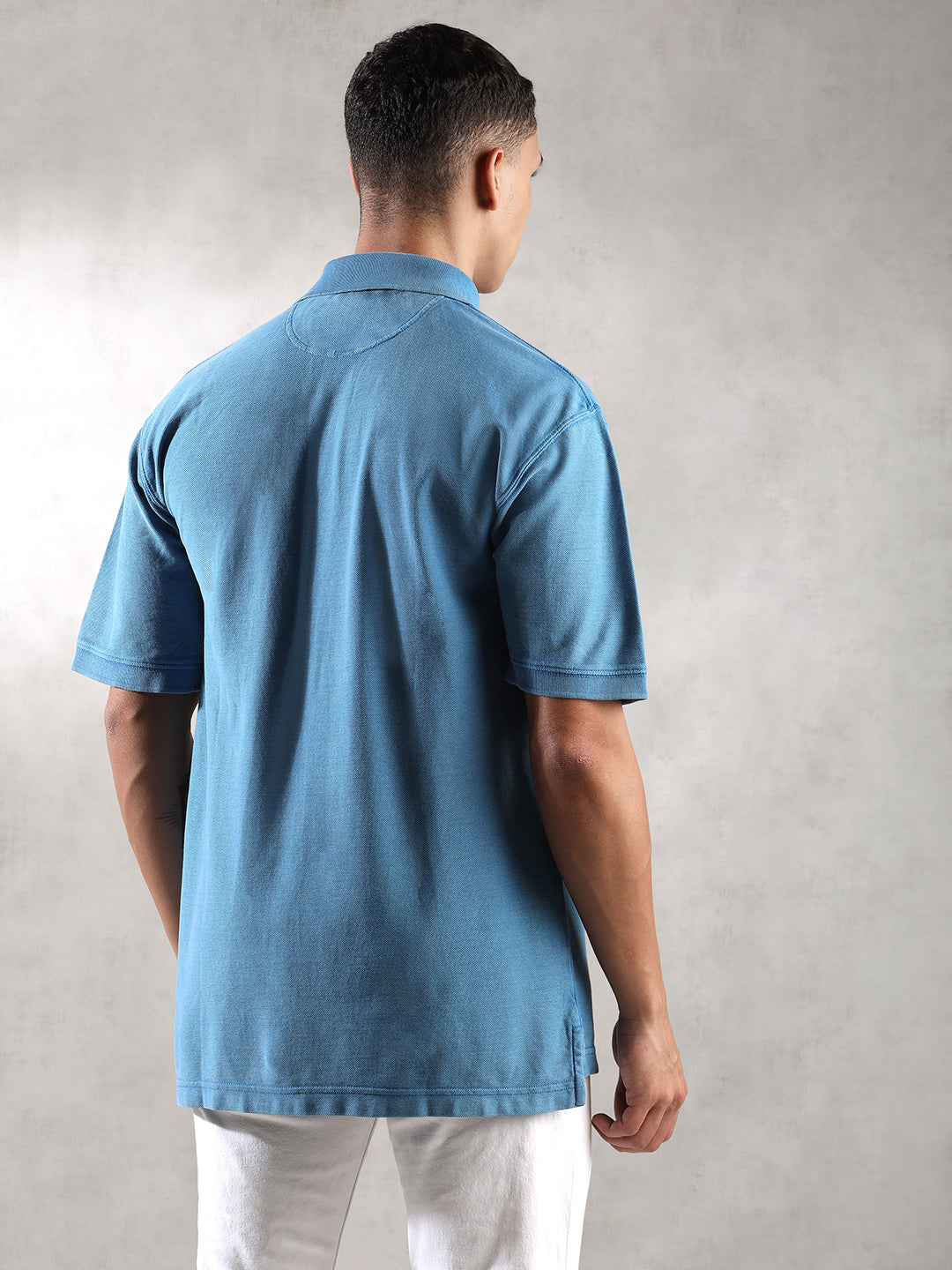 Men Drop Shoulder Oversize Polo Blue T-Shirt