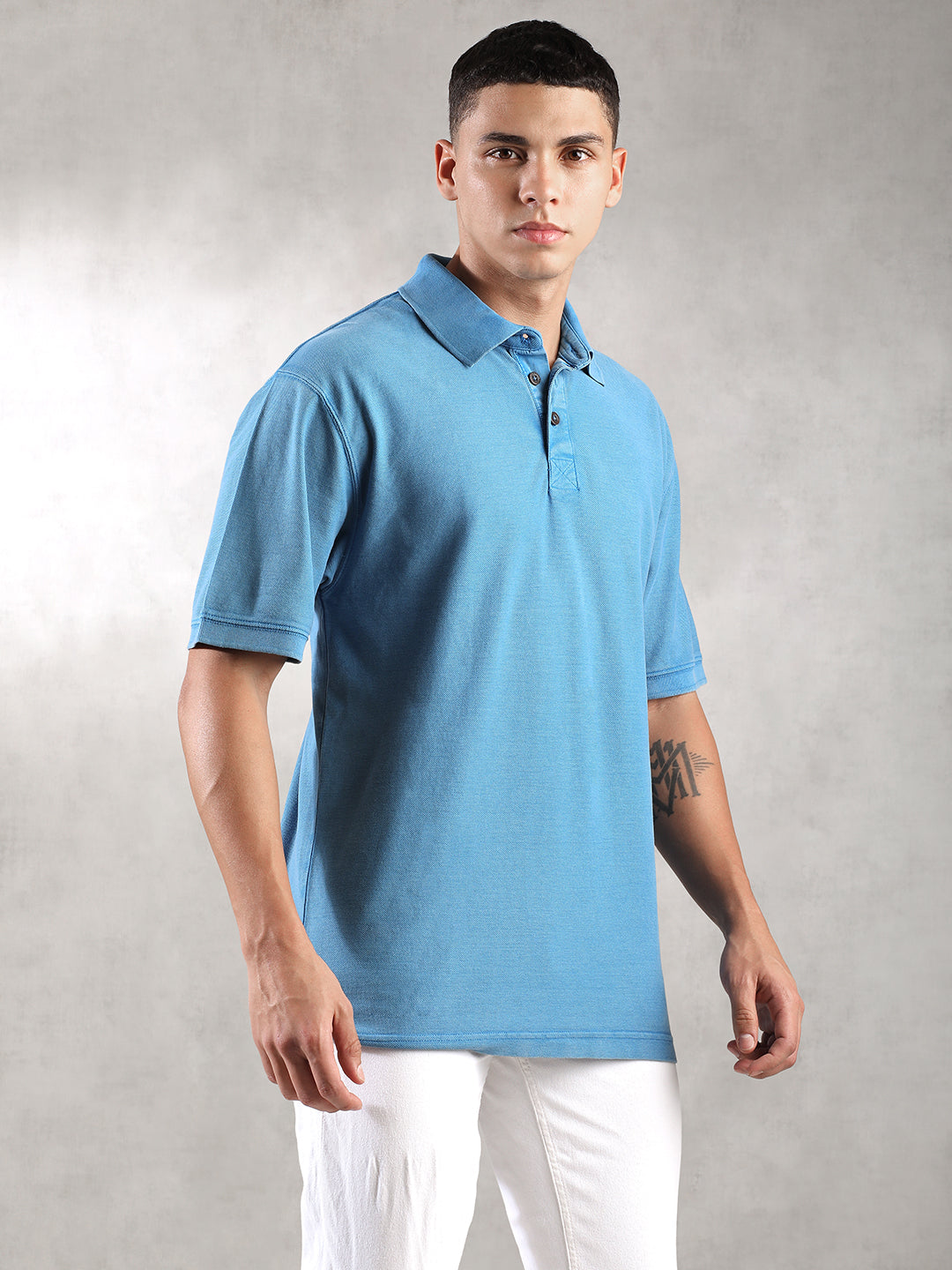 Men Drop Shoulder Oversize Polo Blue T-Shirt