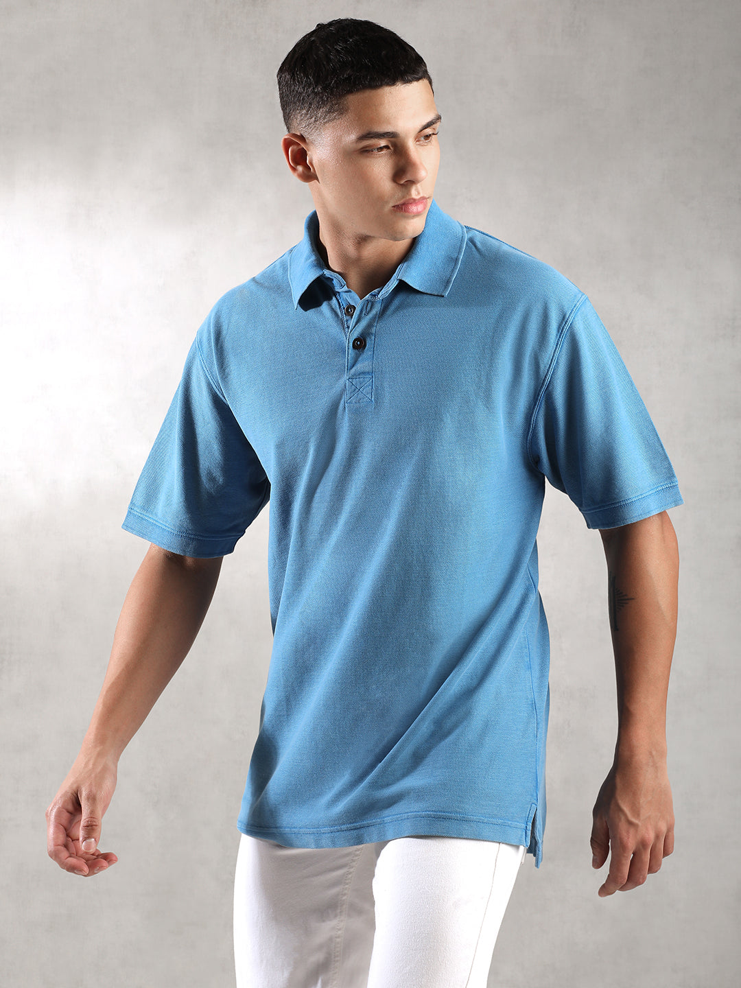 Men Drop Shoulder Oversize Polo Blue T-Shirt