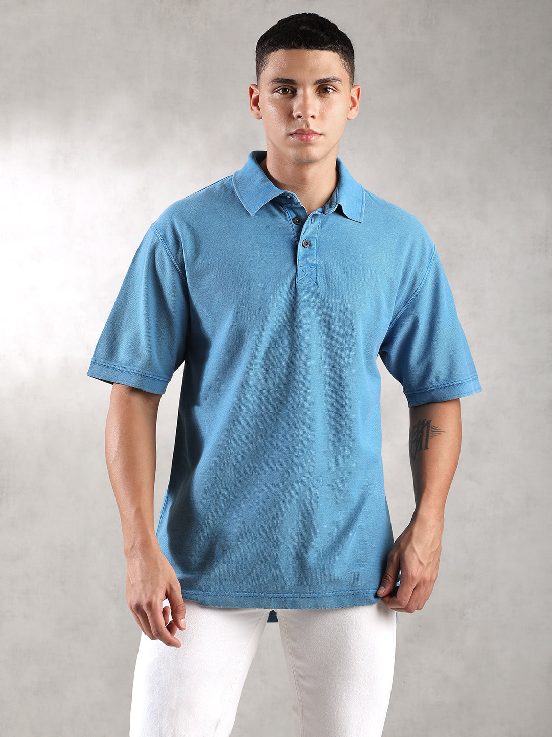 Men Drop Shoulder Oversize Polo Blue T-Shirt