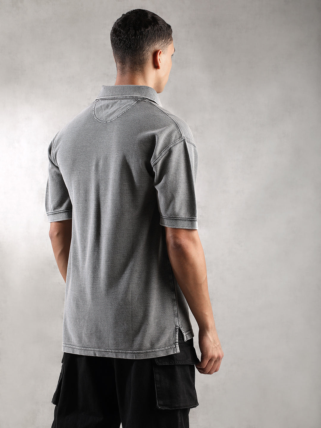 Men Grey Drop Shoulder Oversize Polo T-Shirt