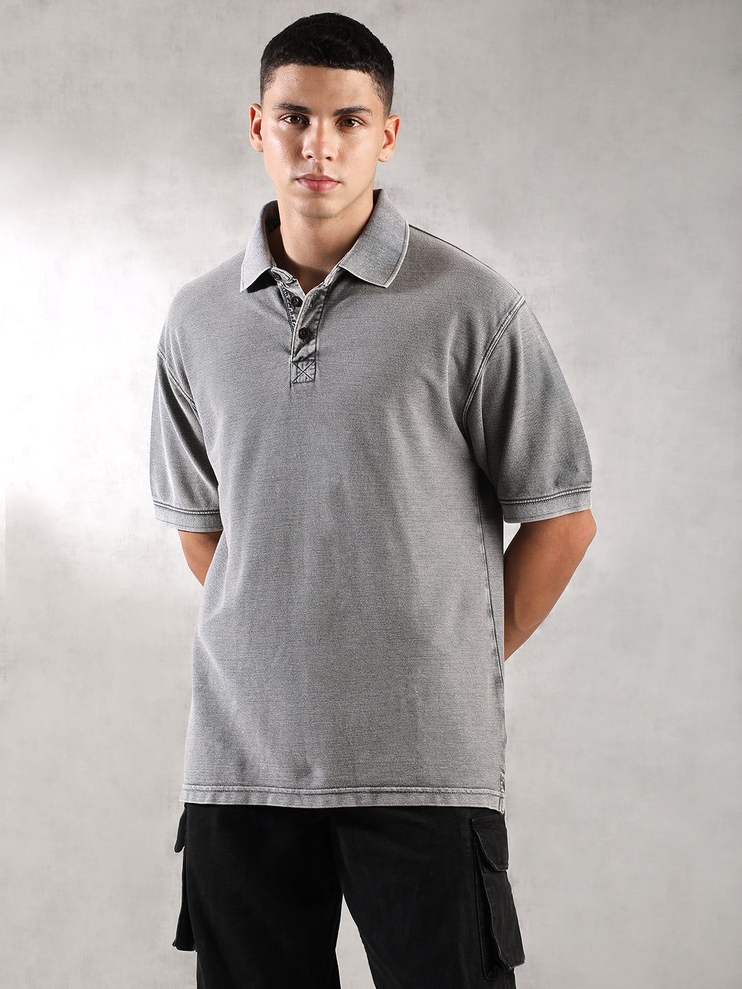 Men Grey Drop Shoulder Oversize Polo T-Shirt